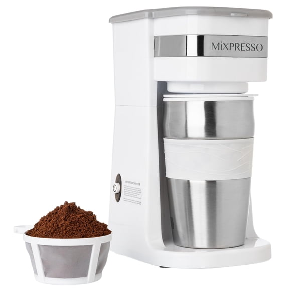 Mixpresso Cafetera personal de una sola porción y taza de viaje de 14 oz, cafetera pequeña por goteo y vaso, apagado automático y filtro reutilizable, cafetera blanca compatible con café molido