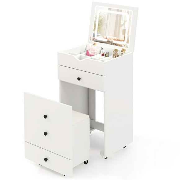 Gymax Vanity Table Set Adjustable Flip-up LED Mirror Large Storage Movable Casters