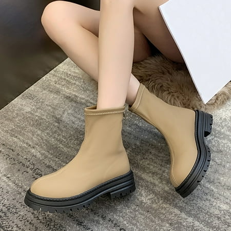 

Cathalem Boots Women 8 Fashion Women Artificial Leather Solid Color Autumn Thick Sole Square Heels Low Heel Boots for Women Wide Khaki 7.5