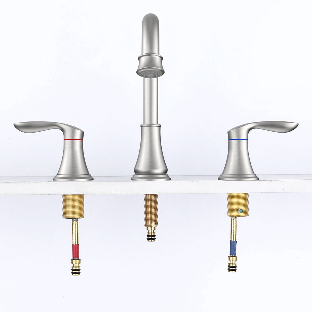 2 Handle 8 Inch Widespread Bathroom Sink Faucet with Pop-Up Drain, High Arc Modern Bathroom Vanity Lavatory Faucet 3 Holes with Brass 360° Swivel Spout, Brushed Nickel