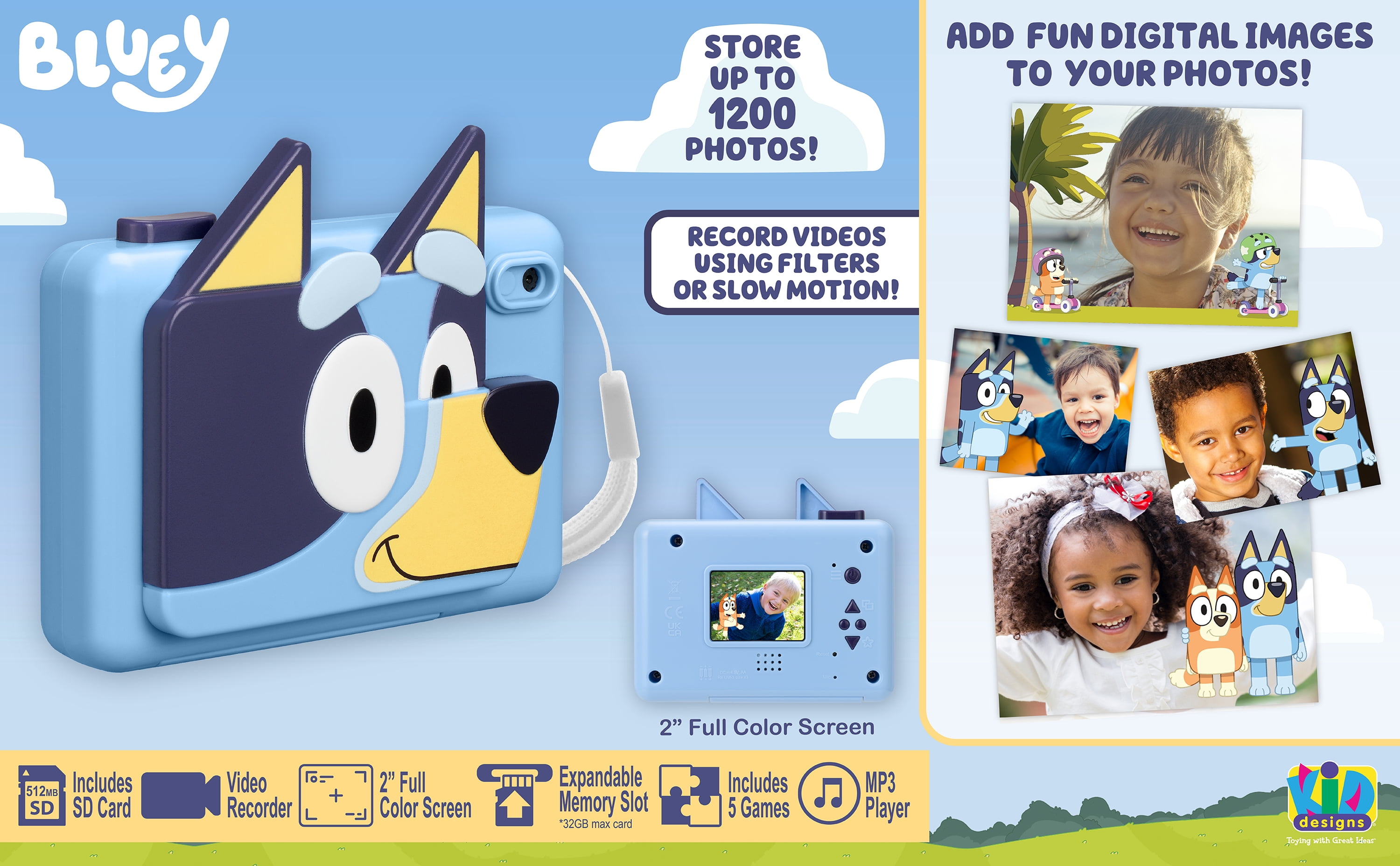 Appareil photo numérique eKids Bluey pour enfants avec carte SD et autocollants numériques intégrés