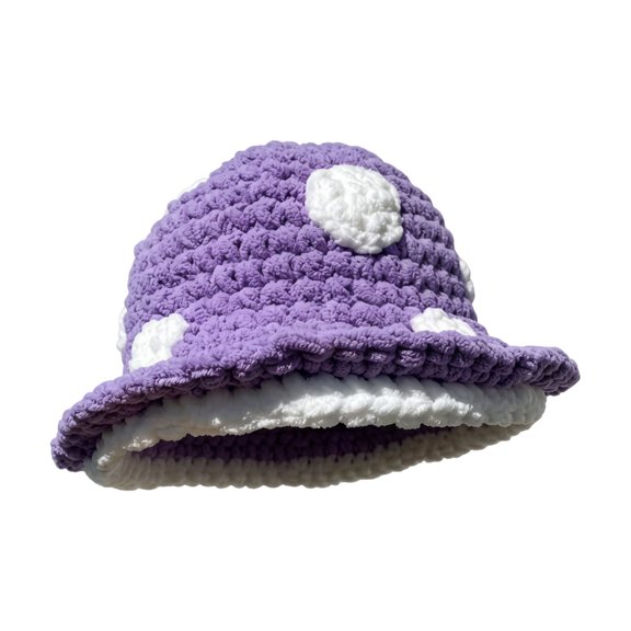 Mushroom Crochet Bucket Hat with White Dots, Adult Knit Winter Beanie, Cute Cold Weather Headwear