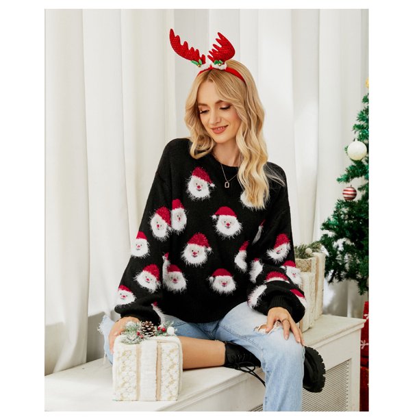 Suéter de Navidad para mujer lindo Papá Noel impreso casual cuello redondo manga larga sudaderas topsNegroL