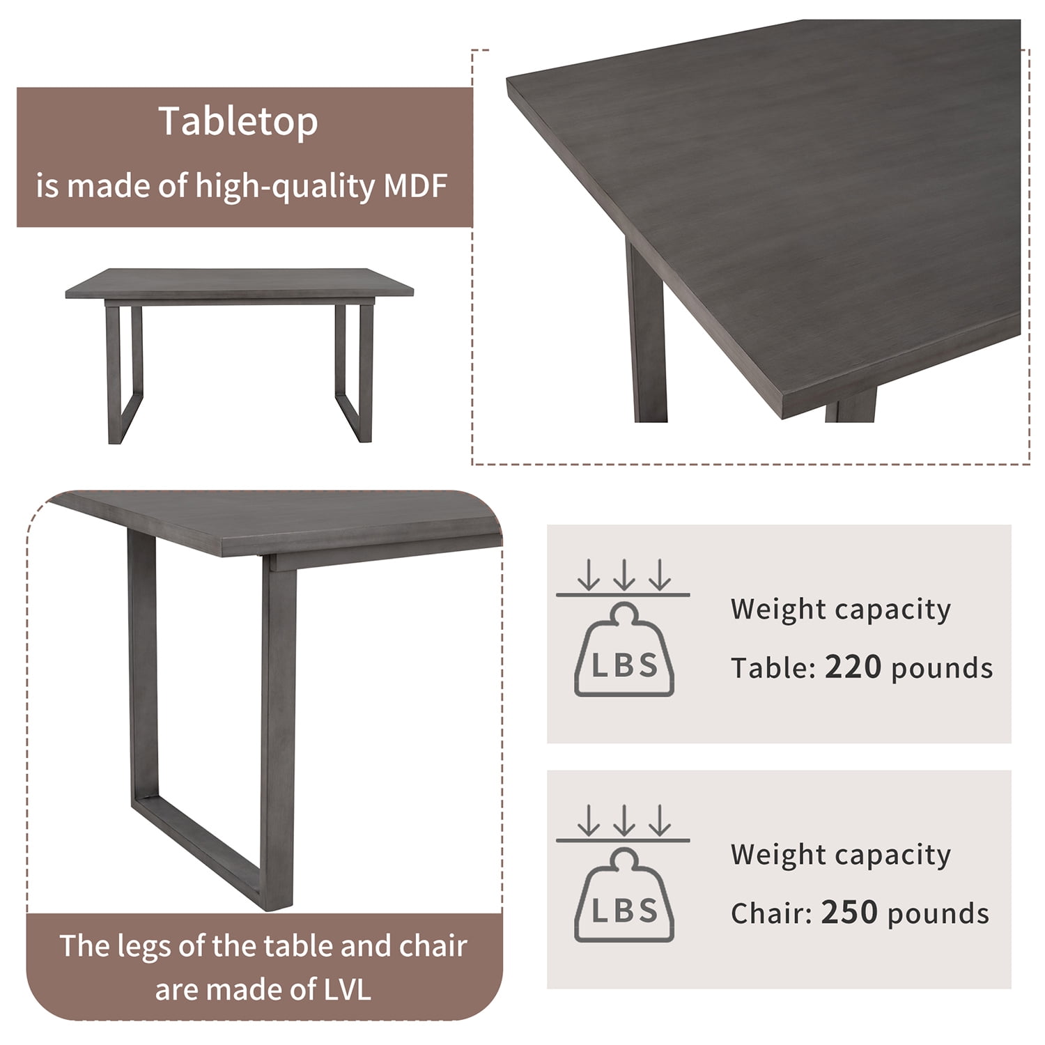Kadyn 6-Pieces Dining Room Table Set, Rectangular Table & 4 Chairs with Bench, Dining Table Sets for Dining Room, Gray