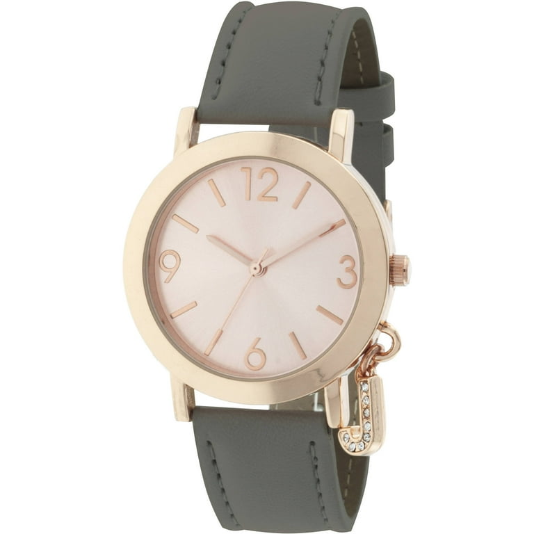 Women s Rose Gold Toned J Crystal Charm Watch Grey Strap