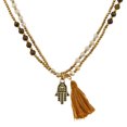 thumbnail image 1 of Gleaming  Tiger's Eye Hand of Hamsa Brown Tassel Brass Bead Necklace, 1 of 5