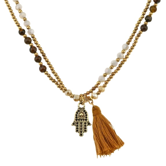 Gleaming Tiger's Eye Hand of Hamsa Brown Tassel Brass Bead Necklace