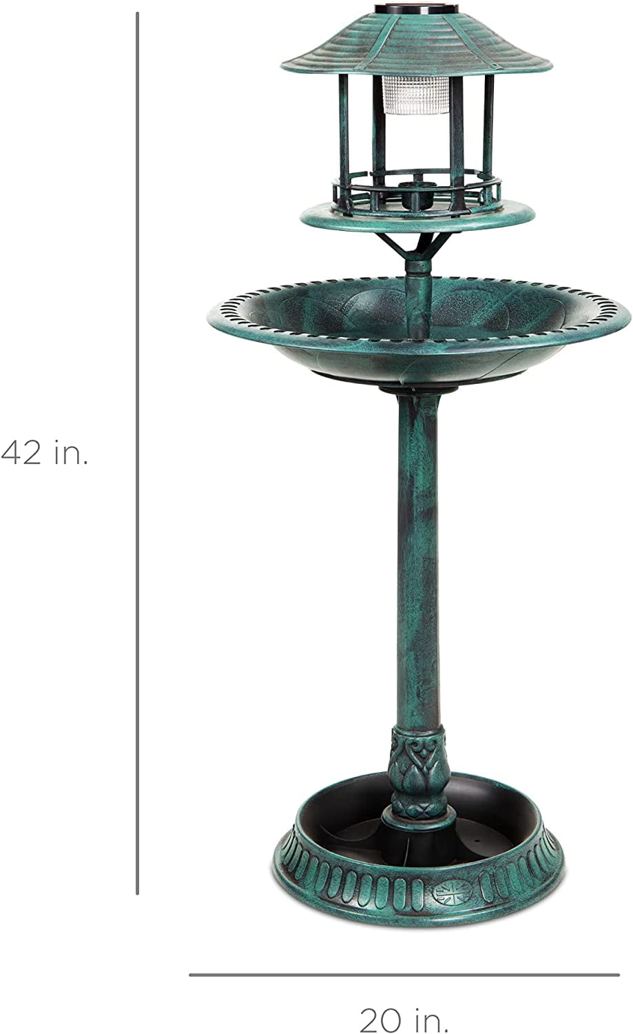 Solar Outdoor Bird Bath Vintage Resin Pedestal Fountain Decoration for Yard, Garden w/Planter Base, Feeder, Decorative Bird Cage, Fillable Stand - Green