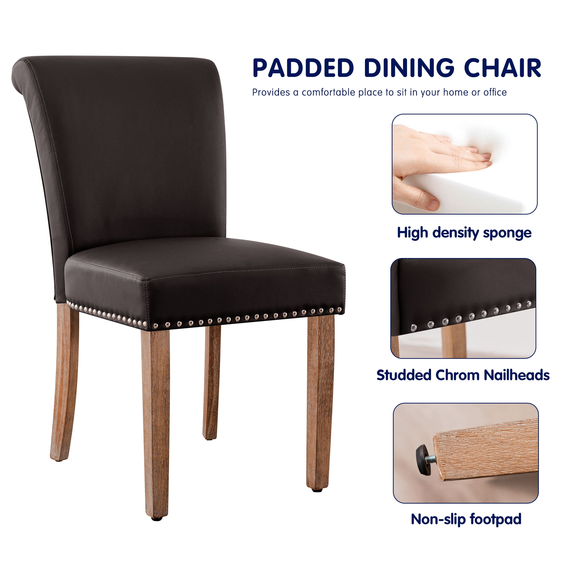 Subrtex Leather Upholstered Dining Chair with Nailheads and Solid Wood Legs, Set of 2, Brown