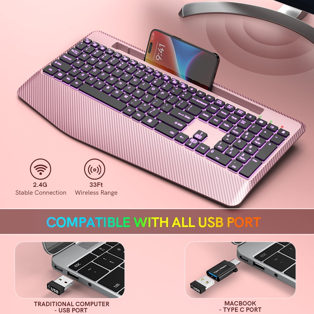 Wagpak Wireless Keyboard with 7 Colored Backlits, 102-Count and Wrist Rest (Rose gold)