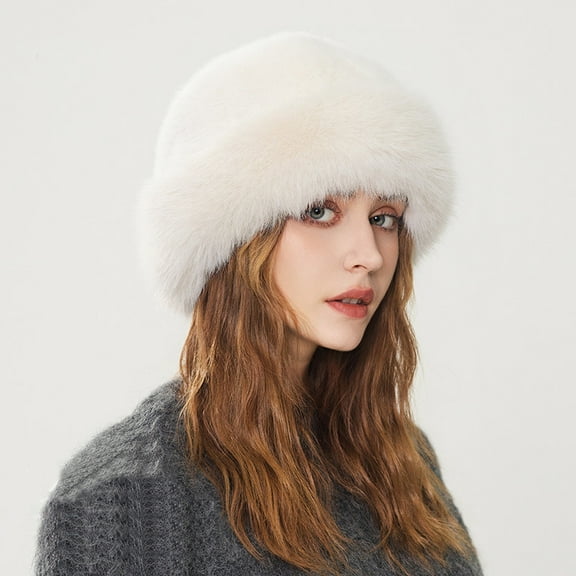 Faux Fur Trimmed Beanie Cap, Winter Warm Soft Classy Russian Hat for Women Girl