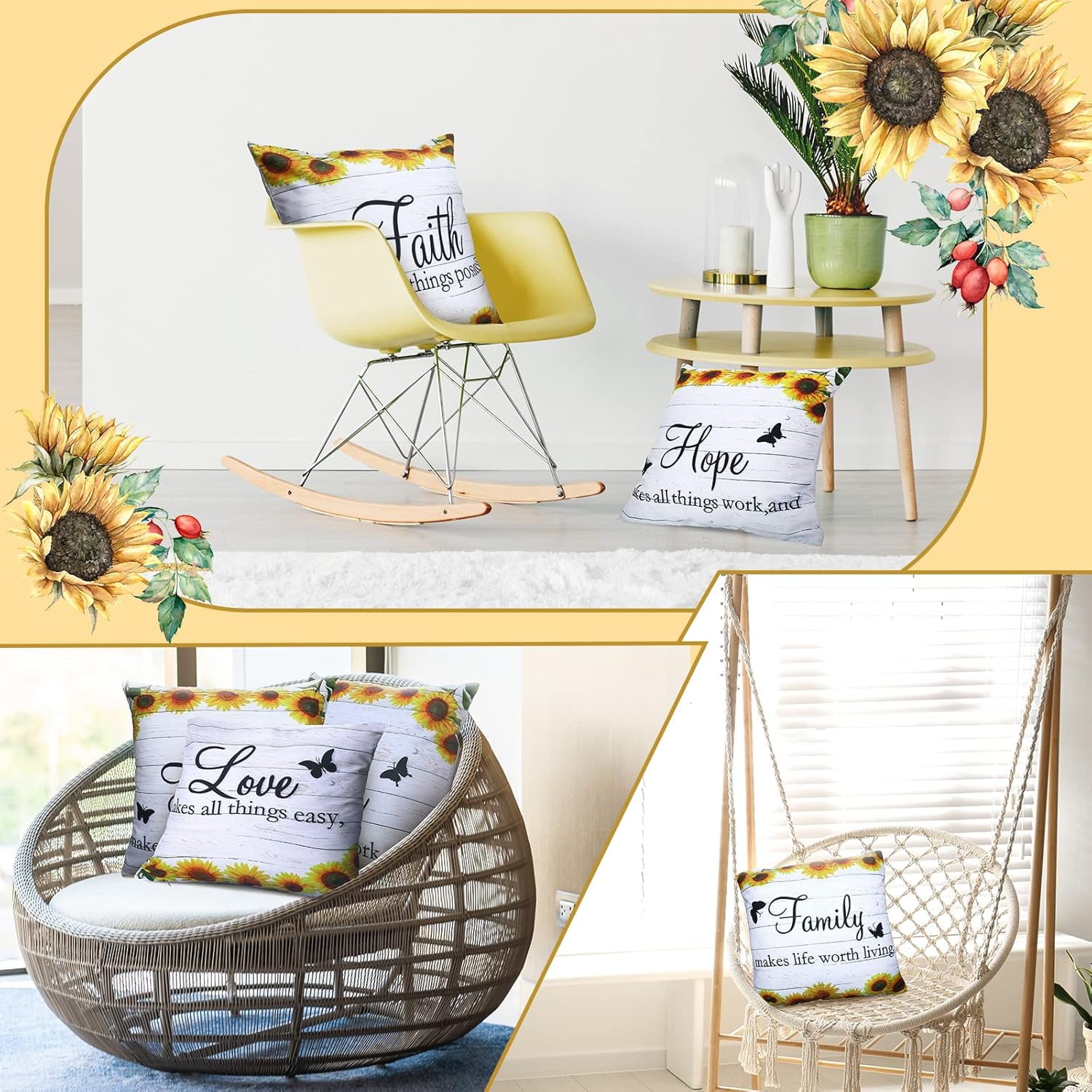 Tatuo 4-Pack Sunflower Decorative Pillow Covers, 18x18 Inch - Vintage Faith, Hope, Love, Family Phrases (Light Brown)
