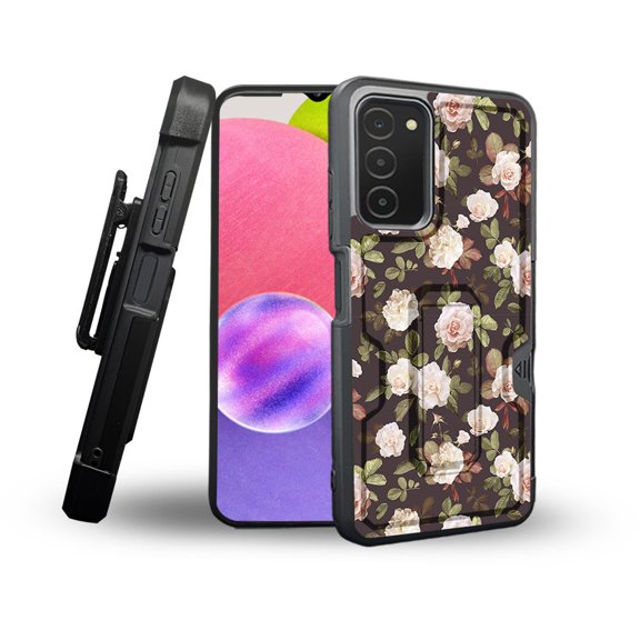 ANJ  Rugged Shockproof Holster Case Card Slot Kickstand   Tempered Glass Cover for Samsung Galaxy A03s - Classic Roses