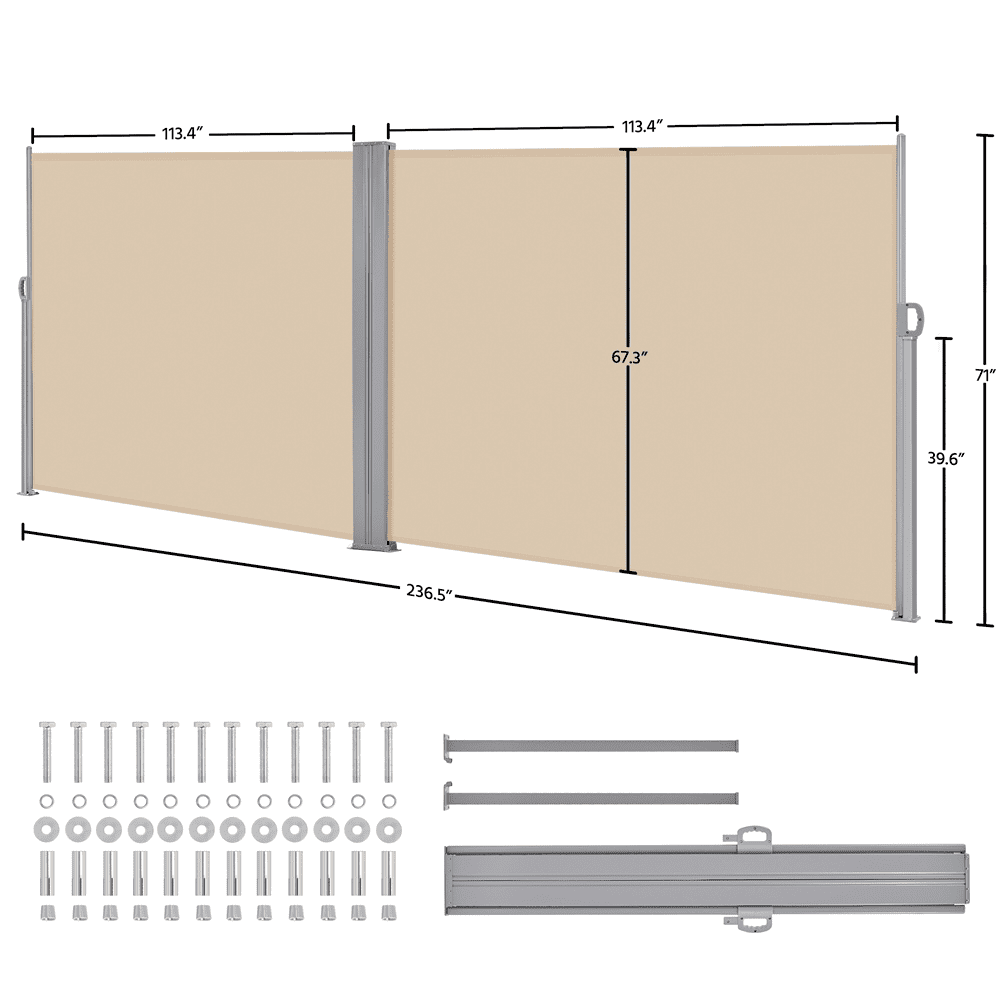 Alden Design 19.7'L x 6'H Double Folding Retractable Side Awning for Privacy Patio, Beige