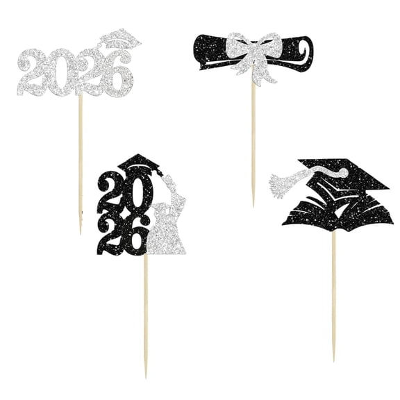 2026 Graduation Cupcake Toppers - 24 Pack Glitter Diploma & Cap Cake Decorations for Commencement Party