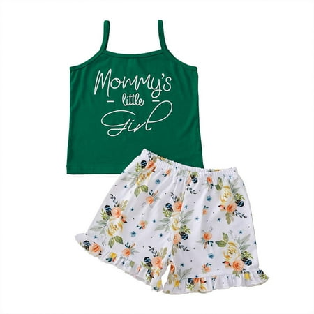 

Fesfesfes Toddler Kids Baby Girls Green Sling Flower Print Shorts Clothes Suit
