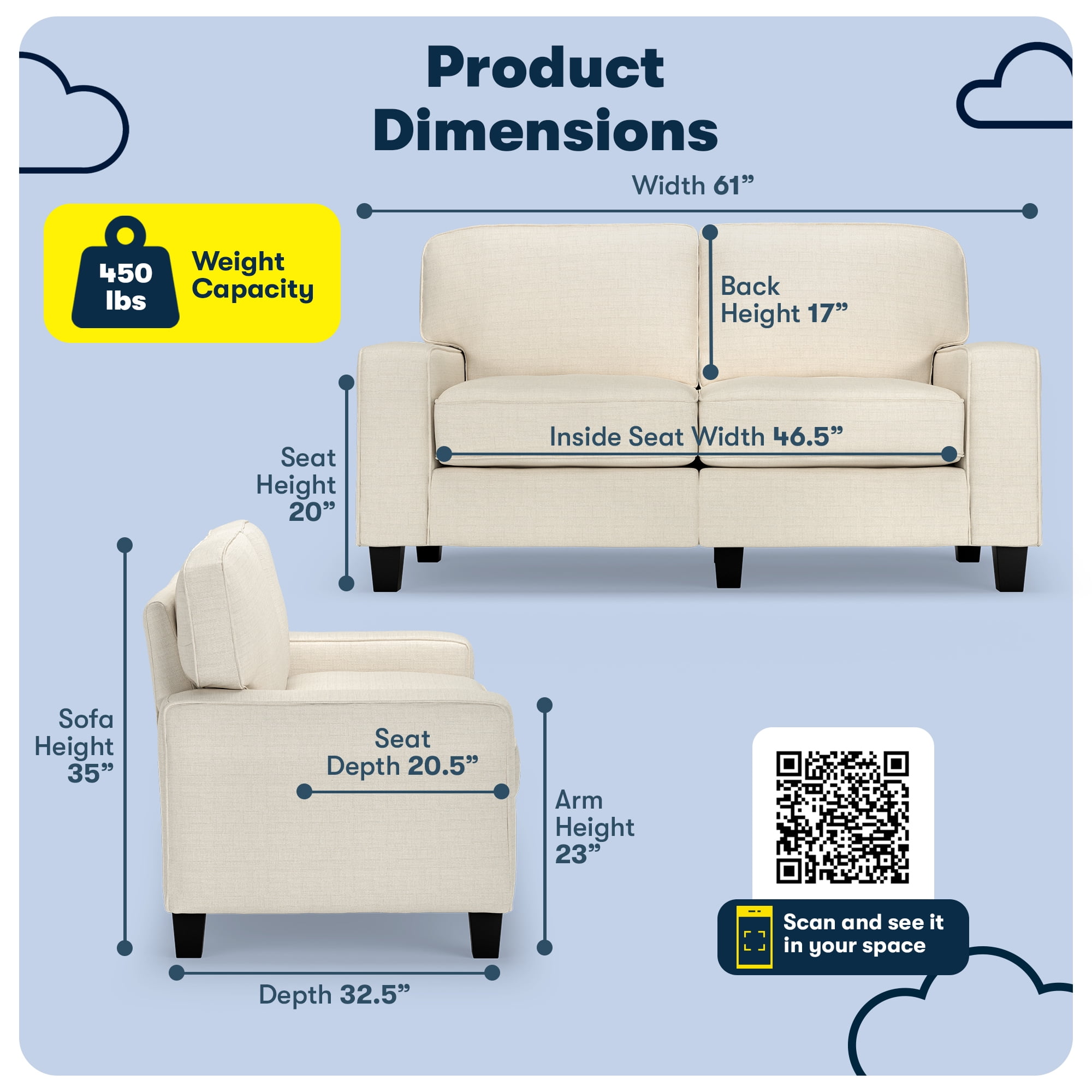 Serta Palisades 61" Track Arm Sofa, Easy Care Polyester, Loveseat or Couch for Small Spaces, Buttercream