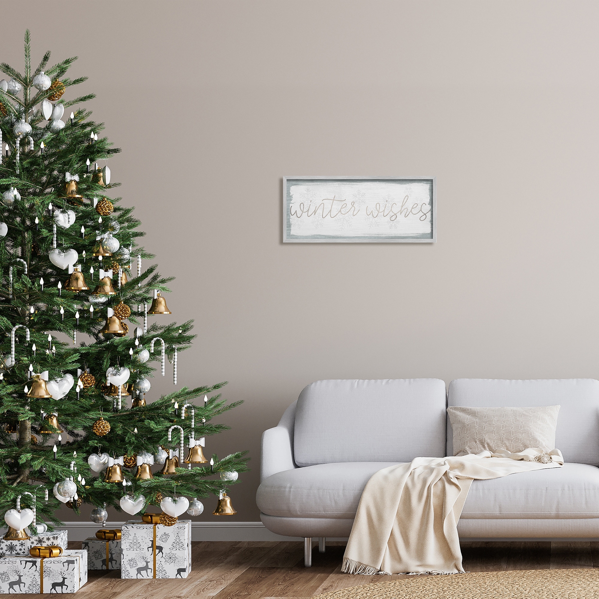 Stupell Industries Rustic Winter Wishes Sentiment Soft Snowflake Pattern Graphic Art Gray Framed Art Print Wall Art, 24x10, by Daphne Polselli