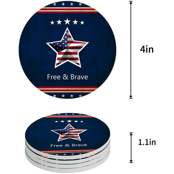 FMSHPON Independence Day American Flag Set of 4 Round Coaster for Drinks, Absorbent Ceramic Stone Coasters Cup Mat with Cork Base for Home Kitchen Room Coffee Table Bar Decor