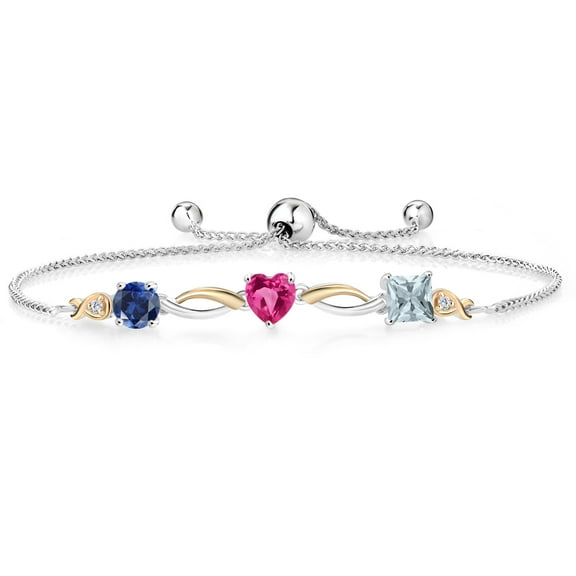 925 Silver and 10K Yellow Gold Blue Created Sapphire Pink Created Sapphire Aquamarine and Lab Grown Diamond Tennis Bracelet for Women By Keren Hanan (1.90 cttw, Adjustable up To 9 inch)