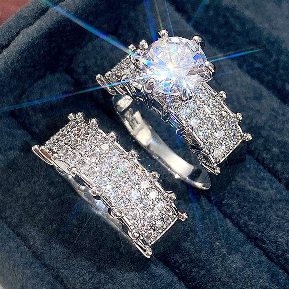 VOLALO 2pcs His and Hers Wedding Ring Sets Couples Engagement Rings Women and Men 925 Sterling Silver AAA Cubic Zirconia Shining Double Layer Platinum Plated