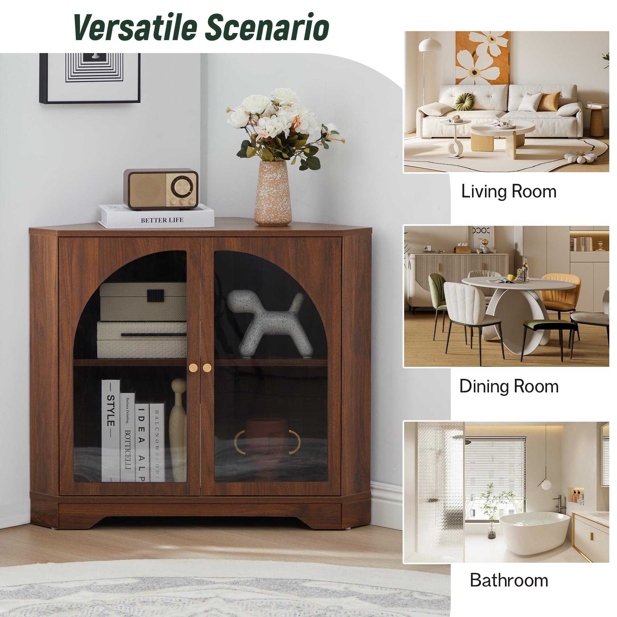 Weselon Mid Century Small Corner Storage Cabinet with 2 Glass Doors, Brown