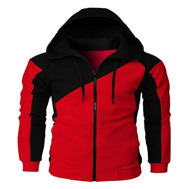 Men‘s Hoodie Pullover Jacket Contrt Color Long Sleeve Zipper Closure Sweatshirt Loose Drawstring Coat