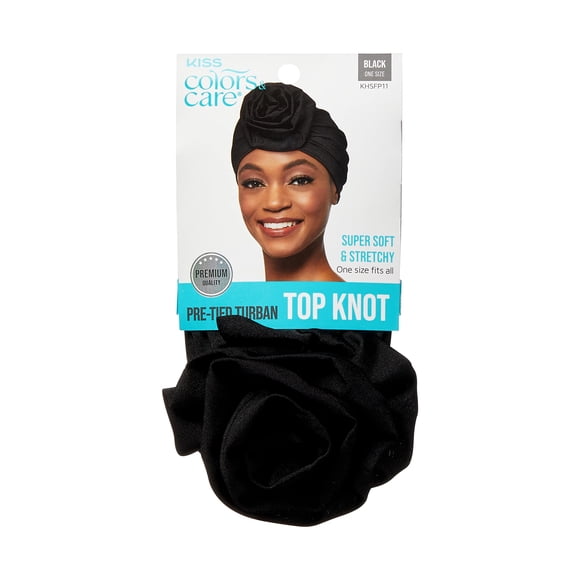 KISS COLORS & CARE Turbante preatado con nudo superior - Negro - Elegante Elástico y suave para dormir Máxima protección del cabello Minimiza la rotura Cómodo para todo tipo de cabello