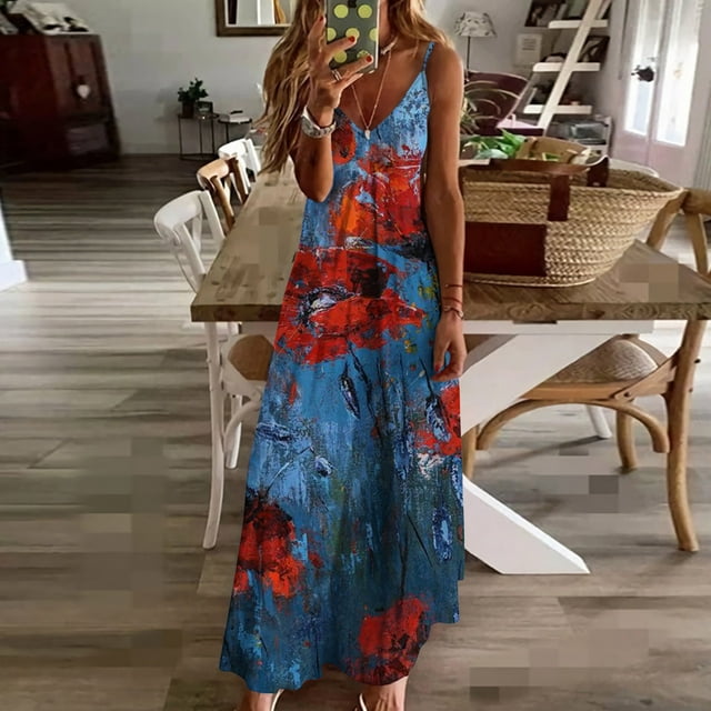 SMihono Robe Maxi Bohème d'Été pour Femmes Grande Taille Mode Femme Bretelles Taille Mi-Haute Col en V Sans Manches Rayée Imprimée Robe Longue de Plage