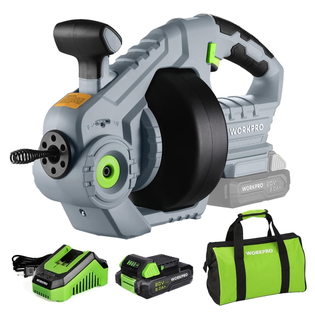 Barrena de desagüe eléctrica WORKPRO de 20 V con serpiente de plomería de 25 pies