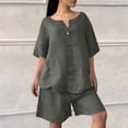 thumbnail image 3 of Two Piece Sets For Women Summer Linen Casual Outfit Plus Size Loose Fit Short Sleeve Shirts & Wide Leg Shorts Sets,Army Green,XL, 3 of 7