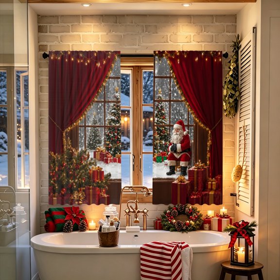 Red Background Santa & Tree 2D Printed Window Curtain, No Rods Included, for Indoor Dining Room Winter Home Decor