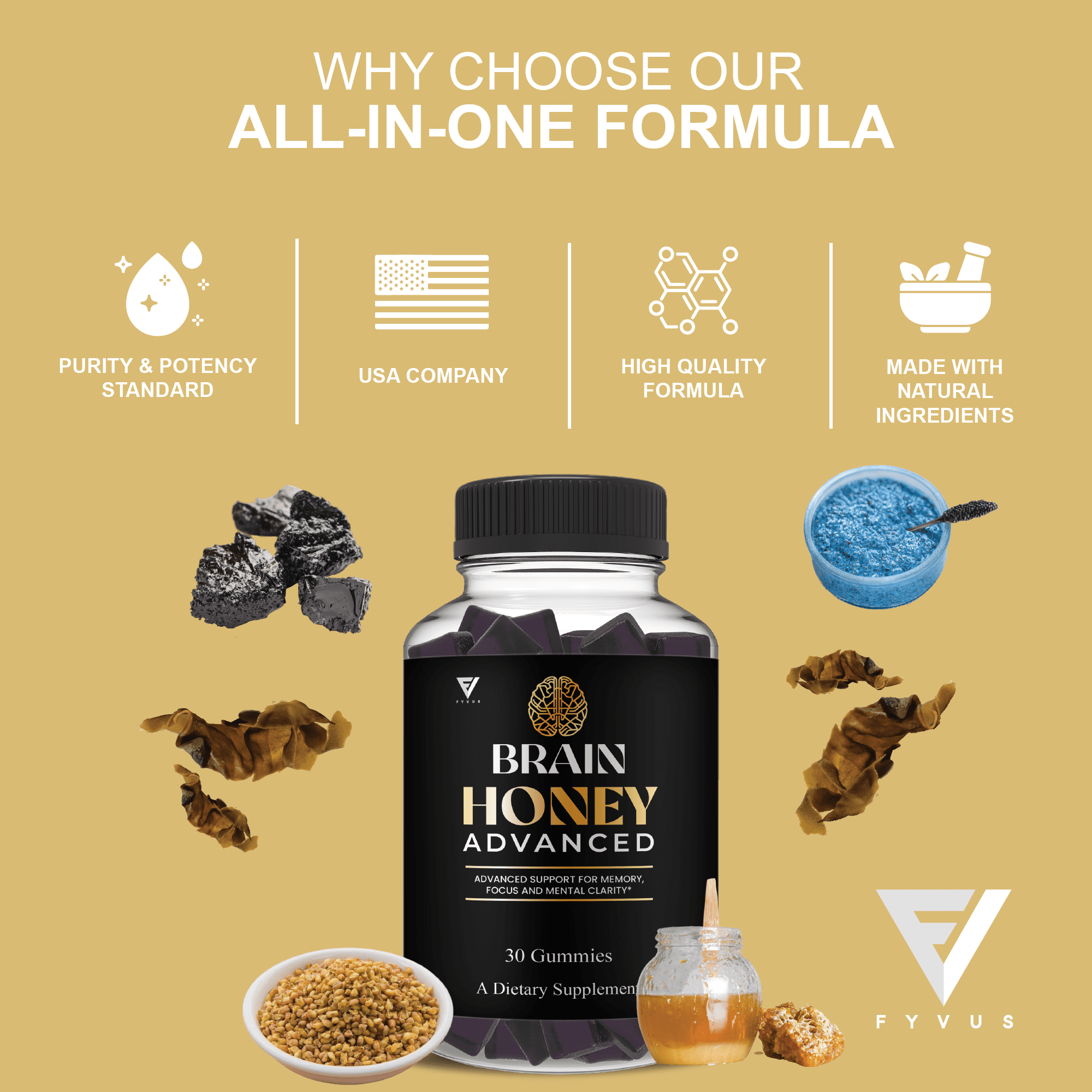 (2 Pack) Brain Honey Advanced With Manuka Honey, Brain Honey Nootropic Gummy (60 Gummies)
