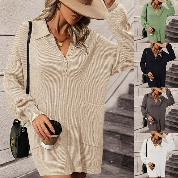 Lovskoo Sweaters for Women Long Sleeve Solid Color Casual Button Down Knit Tops Casual V-Neck Medium Long Pullover Sweater White
