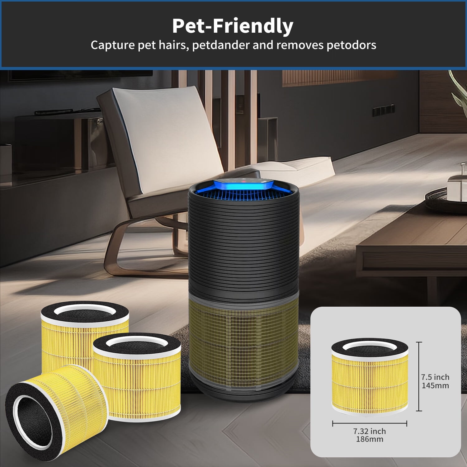 Replacement H13 True HEPA Filters Compatible with RENPHO RP-AP088B RP-AP088W Air Purifiers, 2 Pack