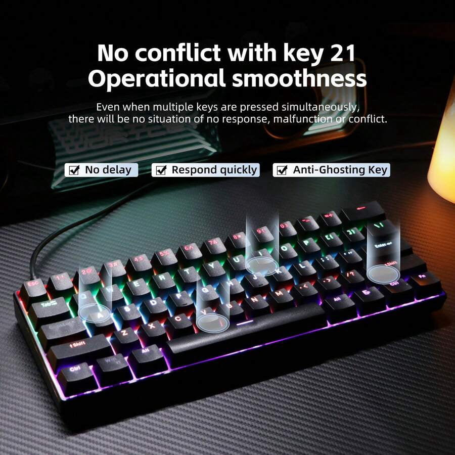 KL61 Wired 60% Mechanical Gaming Keyboard RGB Backlit 61 Keys Ultra-Compact With Hot Swappable Blue/Red Switch
