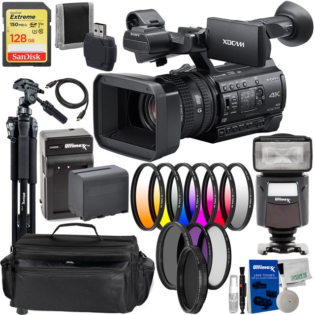 Sony PXW-Z150 4K XDCAM Camcorder with Essential Accessory Bundle: SanDisk Extreme 128GB SDXC, Lightweight 72” Tripod, Universal Speedlite with LED Video Light, Replacement Battery & Much More