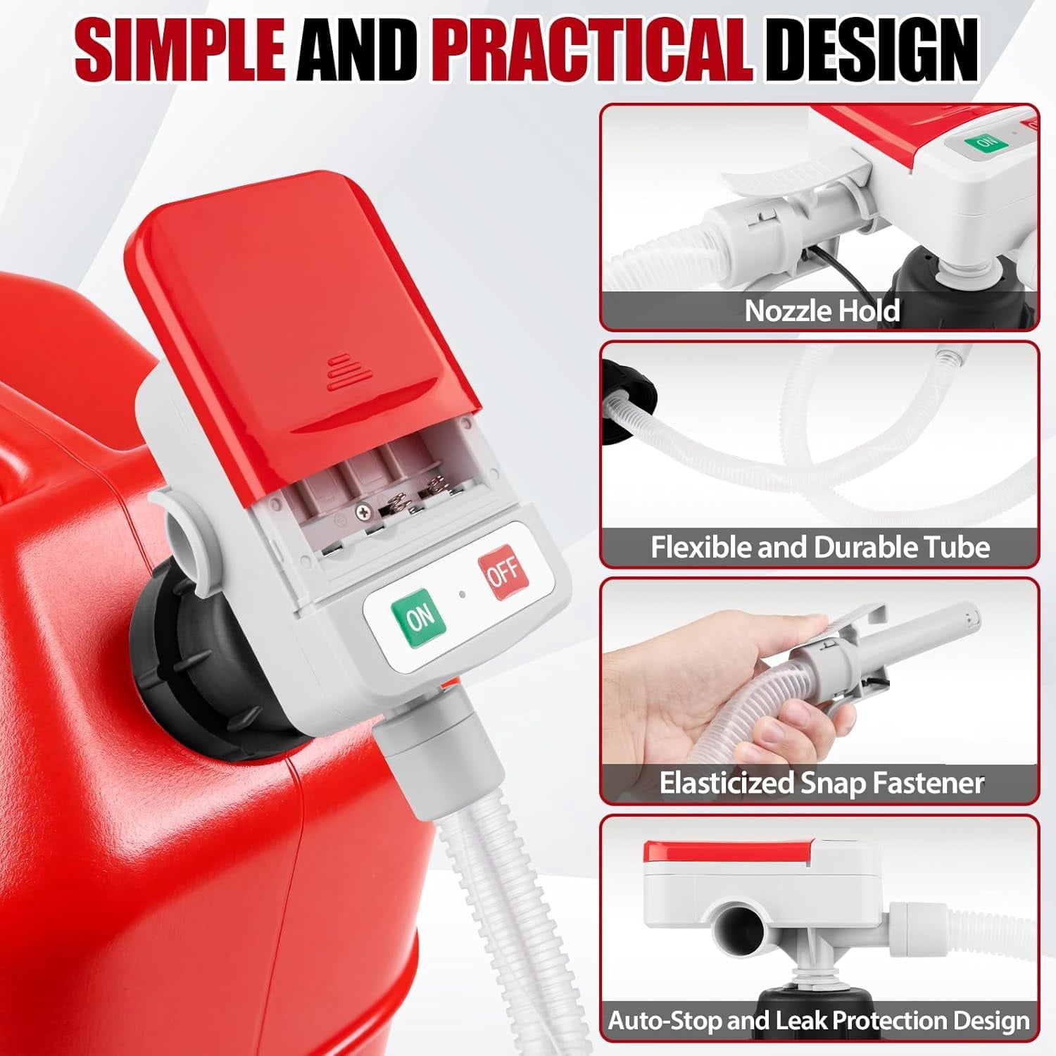 MILONG Portable Electric Fuel Transfer Pump with 51" Extra Long Hose, Auto-Stop, 3 Size Tank Adapters, Leak-Proof Liquid Transfer Pump for Gasoline, Fuel and Diesel, Red