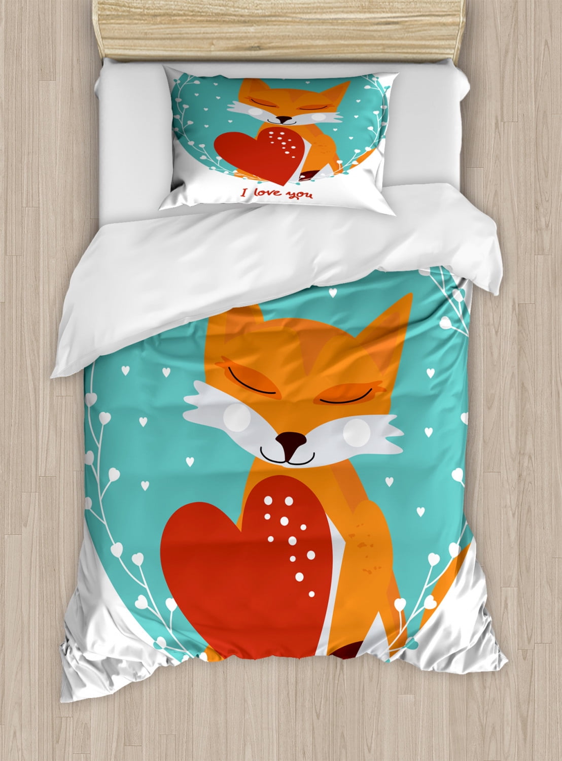 I Love You Duvet Cover Set Twin Size, Romantic Calligraphy with Heart