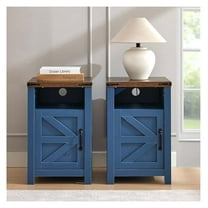 Blue Farmhouse Nightstand Set of 2, End Tables Set with Charging Station, Night Stand with Door and Storage Shelf, Sofa Side Table Living Room, Bedside Table for Bedroom