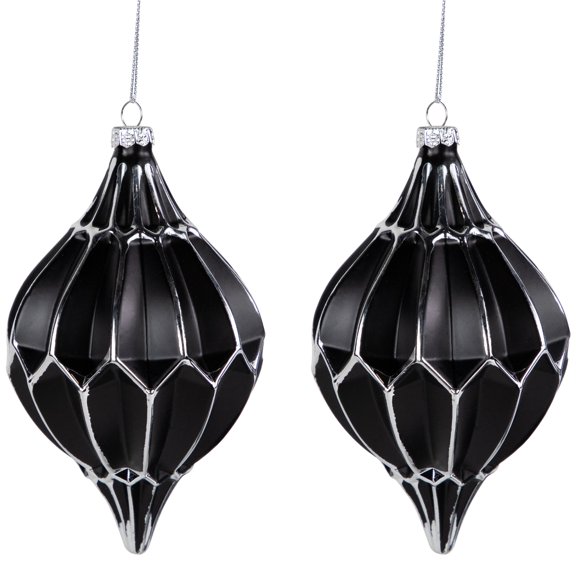 Northlight Set of 2 Matte Black and Silver Finial Christmas Glass Ornaments 5"