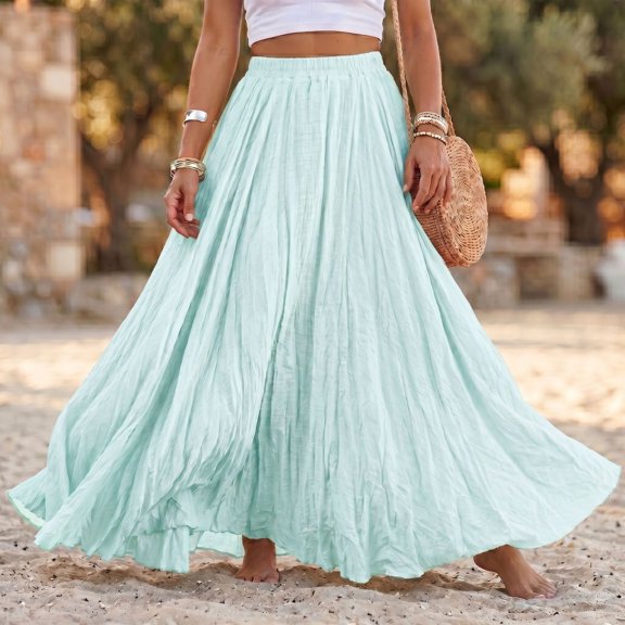 Women's Cotton Linen Skirt High Waist A-Line Pleated Maxi Skirts Casual Flowy Beach Vacation Skirts, XL