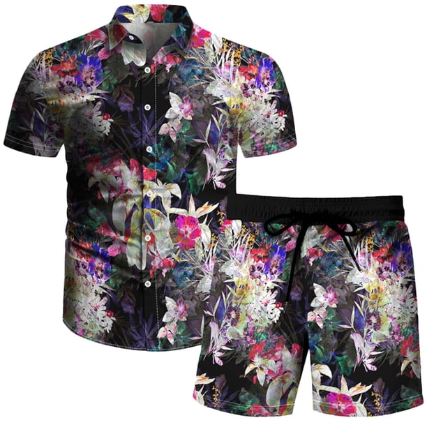 Conjunto casual de blusa y pantalones de playa de manga corta con estampado de botones para hombre Pompotops oipoqjl51696