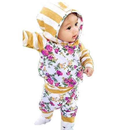 

Infant Tracksuit Newborn Baby Girls Boys 2Pcs Clothes Set Casual Warm Floral Stripe Print Pullover Hoodie+Loose Long Pants Outfit
