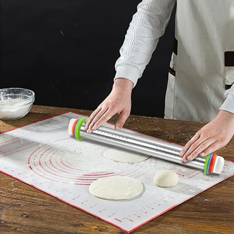  Adjustable Rolling Pin with Thickness Rings and Pastry Mat Set  for Baking Cookie Chapati Fondant Dough Pastry Pizza Pie Crust, Stainless  Steel Roller Pin: Home & Kitchen