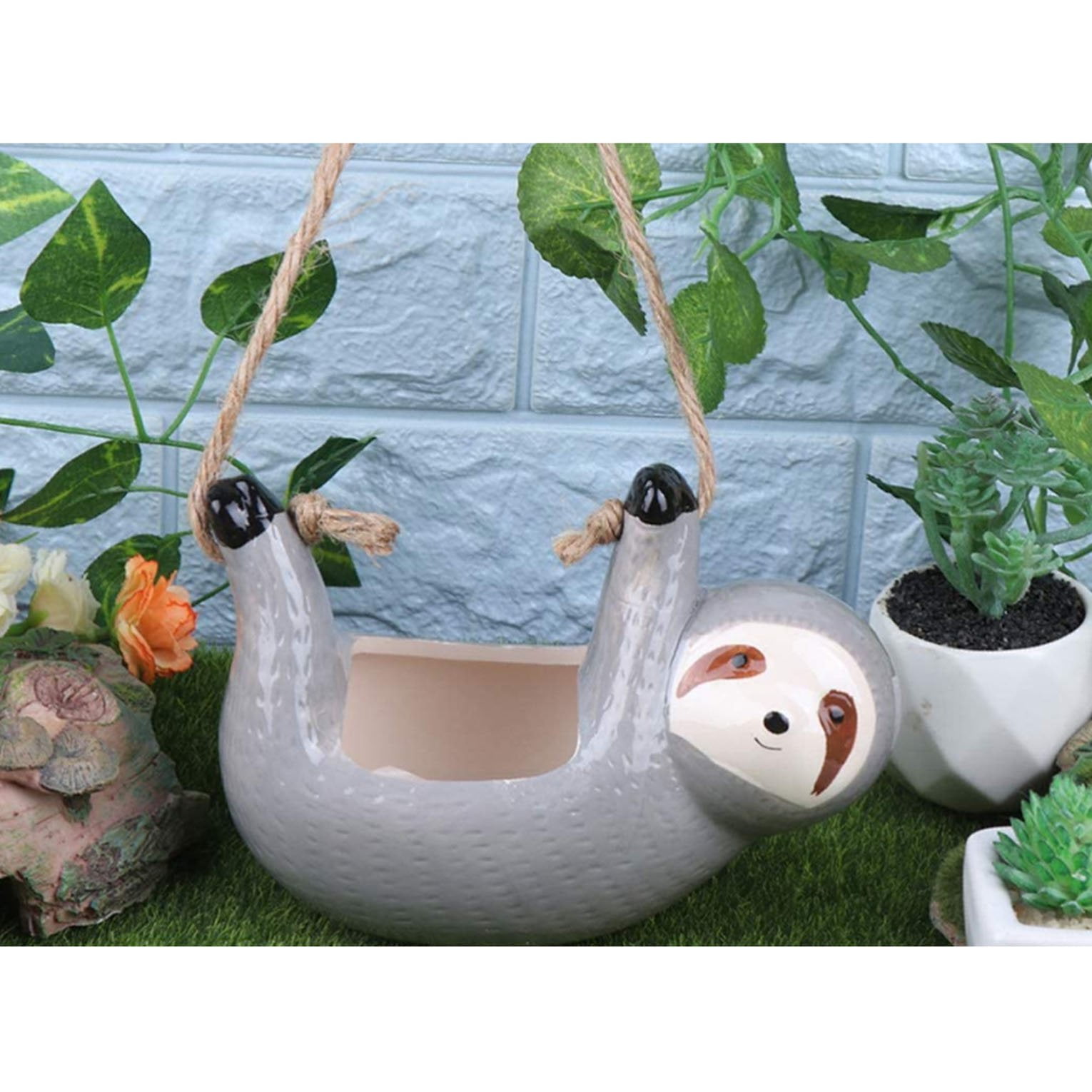 SILVERFEVER Sloth Hanging Planter  Succulent Plant Pot Indoor Outdoor Ceramic Animal Planters Pots Flowerpot Container 1, Grey