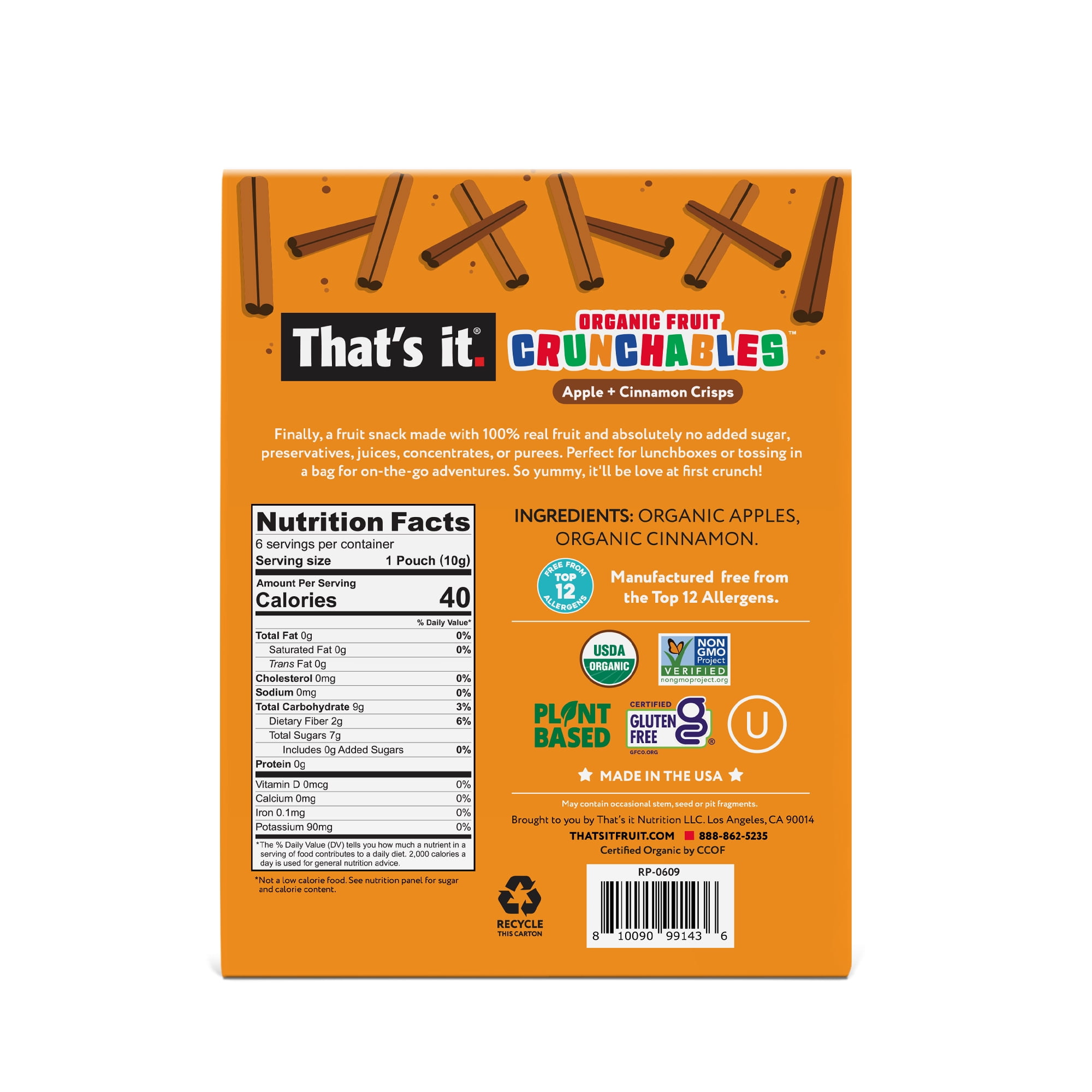 (6 pack) That's It. Crispy, Gluten-Free, Organic Apple + Cinnamon Crunchables, 6 Count