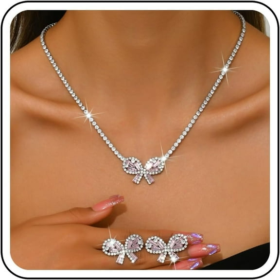 Gorgeous Crystal Bow Jewelry Set Rhinestone Tennis Chain Necklace and Stud Earrings Vintage crystal Bow Knot Pendant Choker Necklace Bridal Wedding Accessories for Women