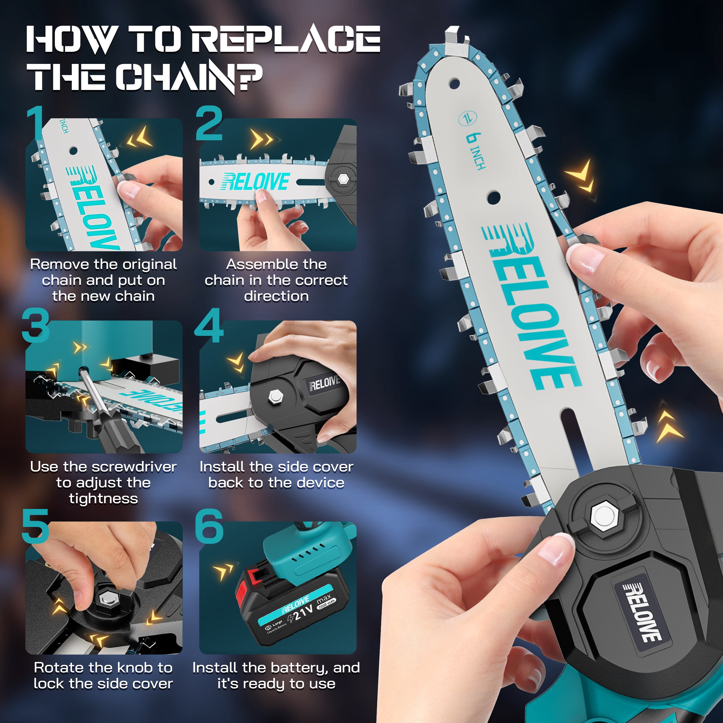 RELOIVE 6 in Mini Chainsaw with 2PCS 2.0 Ah Batteries 3 Chains,Cordless Small Handheld Chain Saw for Wood Cutting Tree Trimming