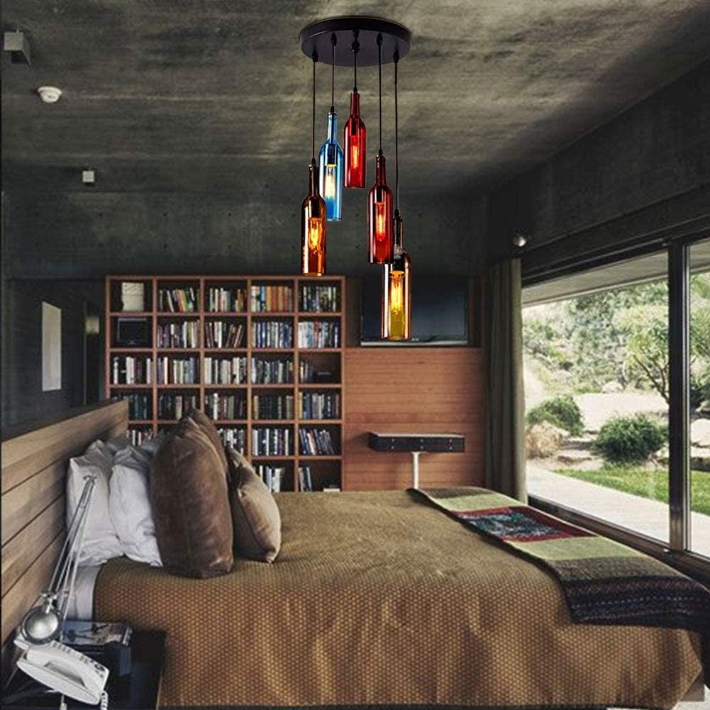 FETCOI Color Glass Beer Bottle Chandelier 5 Heads Glass and Metal Suspension Device Ceiling Glass Ceiling Light Fixture Chandelier(Round)